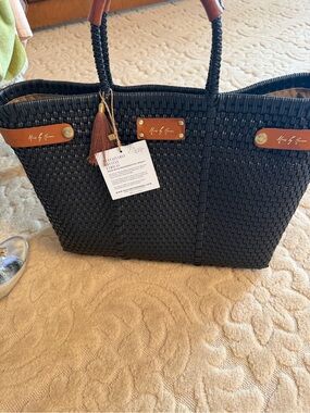 Black Woven w/cognac accented handles , recycled , handmade Tote Bag